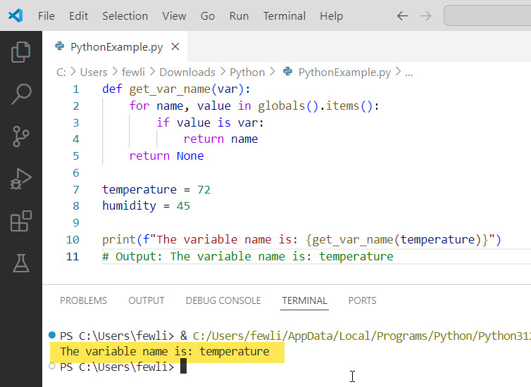 Python print variable name instead of value