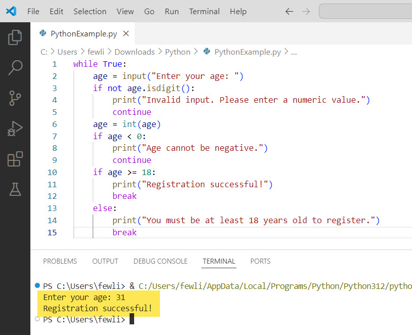python while loop break and continue example