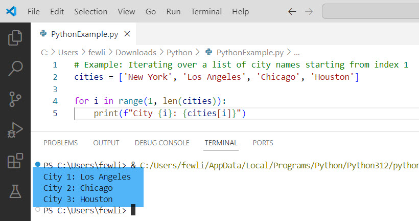 Python for loop index start at 1