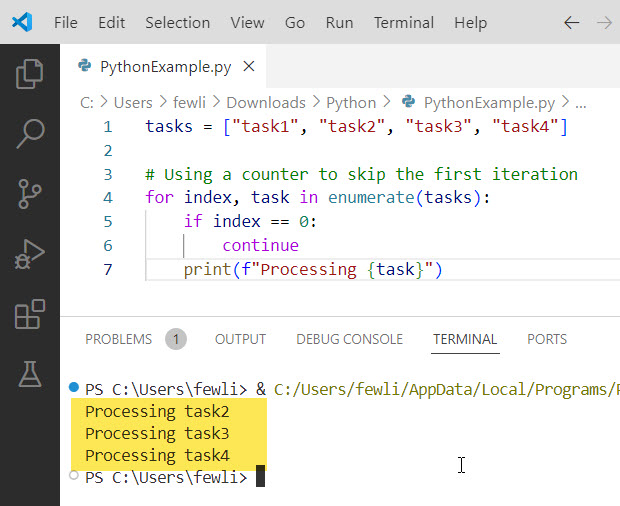 how to skip first iteration in a for loop python