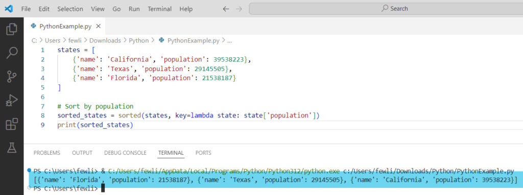 lambda function in python sort