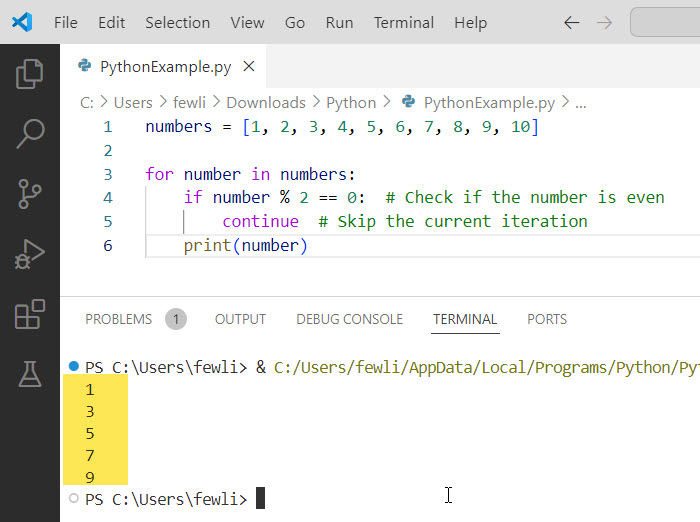skip current iteration in for loop python
