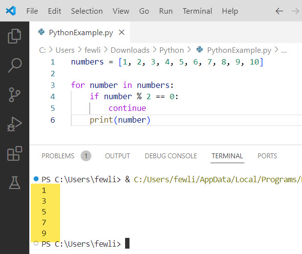skip to next iteration in for loop python